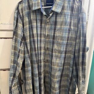 Tommy Bahama Men's Green and Blue Checkered Shirt